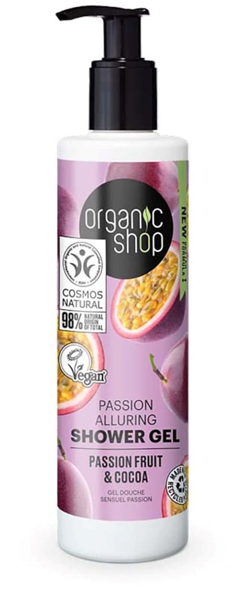 A white bottle with a black pump holds passion fruit and cocoa shower gel, labeled as vegan and natural.
