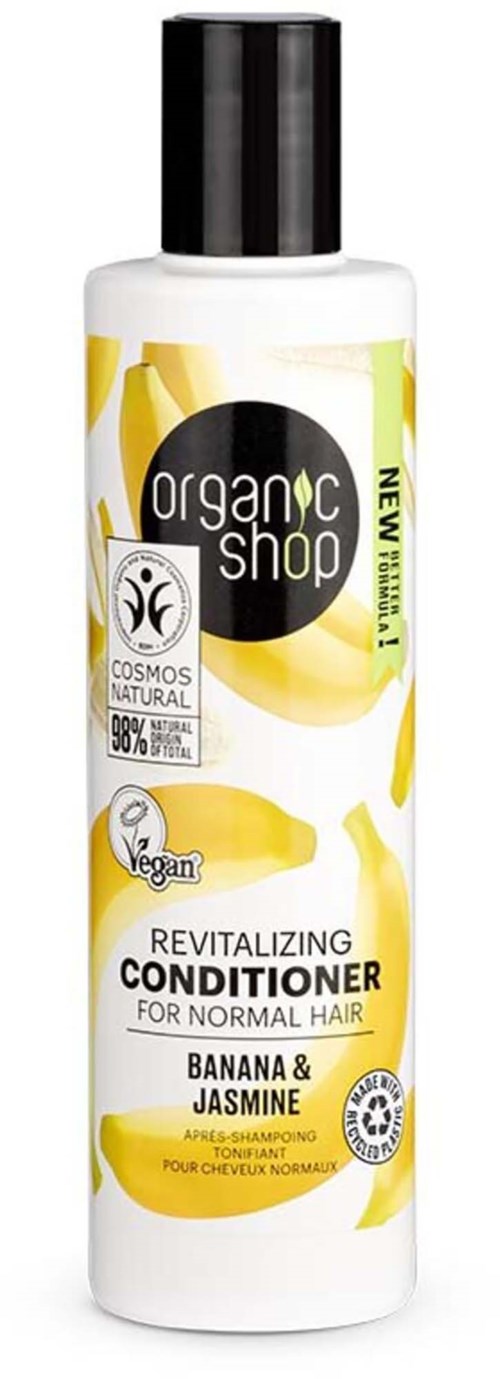 A white bottle with black cap labeled 'Revitalizing Conditioner' for normal hair, containing banana and jasmine, vegan and natural.