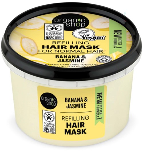 Round container of banana and jasmine hair mask, labels say biodegradable, vegan, and suitable for normal hair.