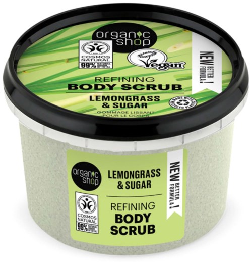 En grön och svart behållare med kroppsskrubb gjord på citrongräs och socker, märkt som ekologisk och vegansk.