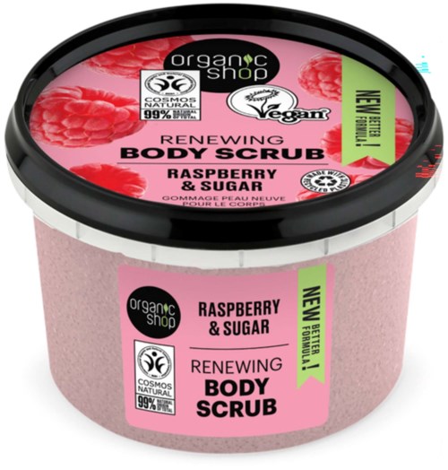En rosa burk med kroppsscrub med hallonbilder och etiketter som främjar naturliga ingredienser och friskhet.