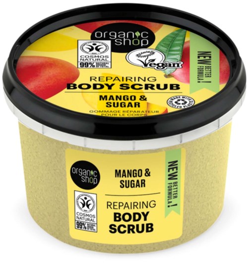 En gul behållare med kroppsskrubb märkt 'Mango & Sugar' med logotyper för ekologiskt och veganskt, avsedd för reparation av huden.