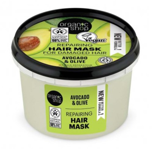 A round container of hair mask with avocado and olive ingredients, labeled as organic, for damaged hair, with green and white colors.