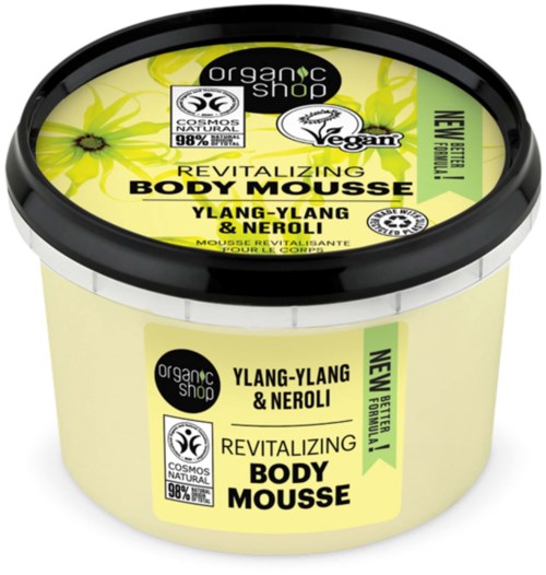 En gul behållare med svart lock för organisk kroppsskumm, doft av Ylang-Ylang och Neroli, friskgörande och naturlig.