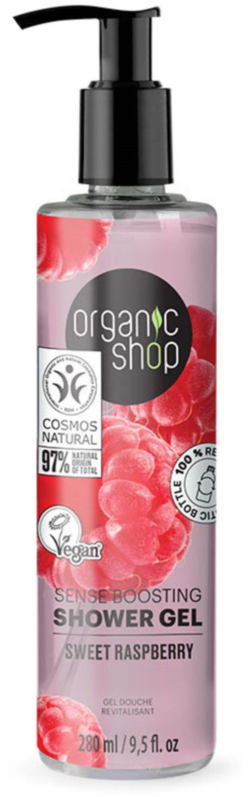 En rosa duschgell med hallonbilder, kallad organic shop, 290 ml, naturlig och vegansk.