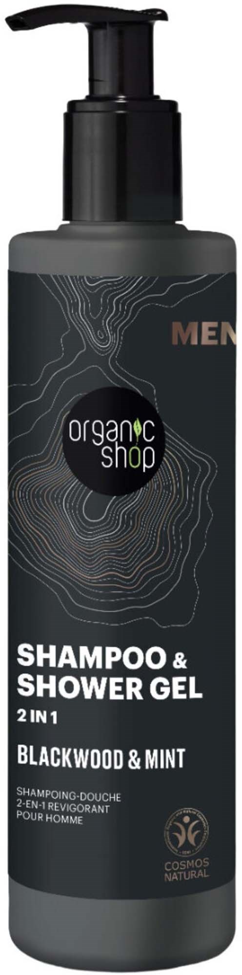 A grey bottle with a pump contains organic shampoo and shower gel with blackwood and mint scent.