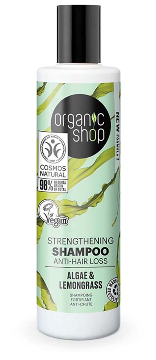 Organic shop styrkende sjampo med tang og sitrongress, mot hårtap, vegansk, naturlige ingredienser, 98% naturlig.