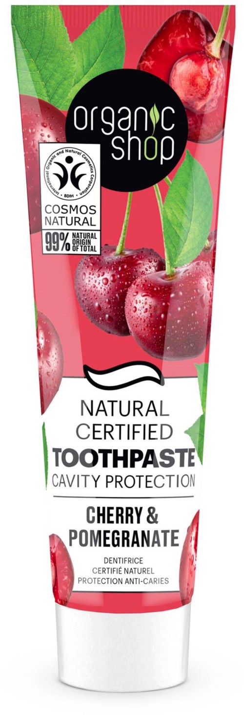 Cherry and pomegranate flavored toothpaste with natural ingredients and cavity protection.