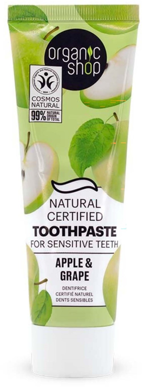 Green and white tube of toothpaste for sensitive teeth, apple and grape flavor, certified natural, organic shop.
