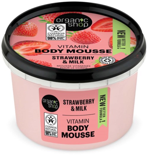 En rosa behållare för kroppsmousse med jordgubbsbilder och etiketter för vitamin kroppsmousse och organic shop.
