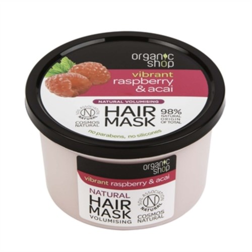 En behållare för hårmask med smakerna hallon och acai, som framhäver naturliga ingredienser och volymökande egenskaper.