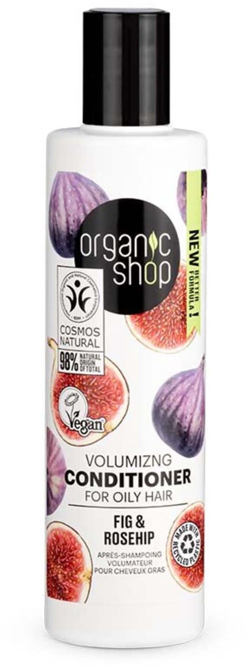A white bottle with a black cap containing fig and rosehip conditioner for oily hair, labeled in colorful text and images.