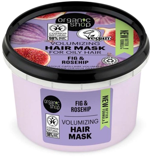 Purple container with fig and rosehip illustration; labels indicate hair mask for oily hair, vegan, and natural ingredients.