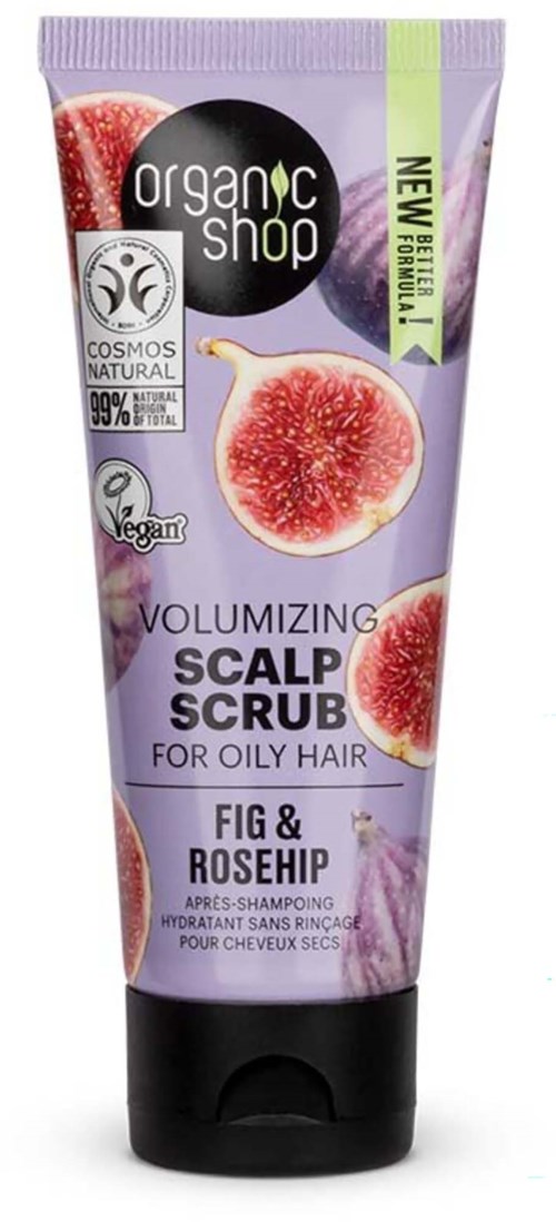 Colorful tube of scalp scrub with fig and rosehip, labeled for oily hair, vegan, natural ingredients, and new.