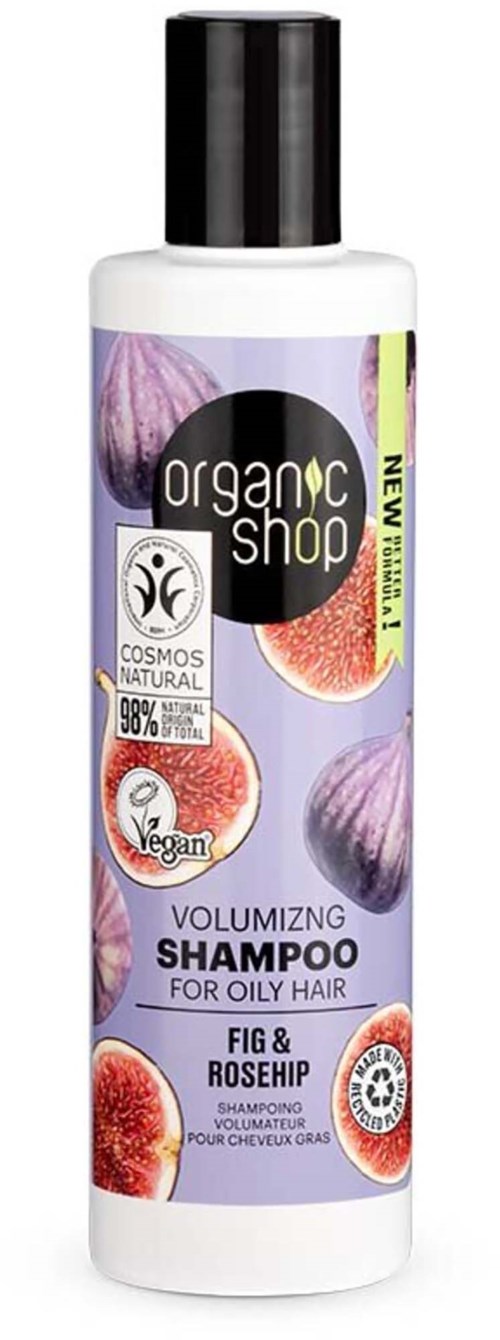 Bottle of organic vegan shampoo with fig and rosehip for oily hair. Features natural and cruelty-free ingredients.