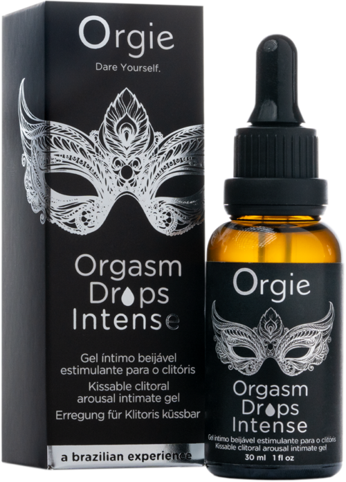 Eine kleine bernsteinfarbene Flasche mit Tropfer und eine schwarze Verpackung mit einer dekorativen Maske und Markennamen. Es ist als intimes Erregungsgel gekennzeichnet.