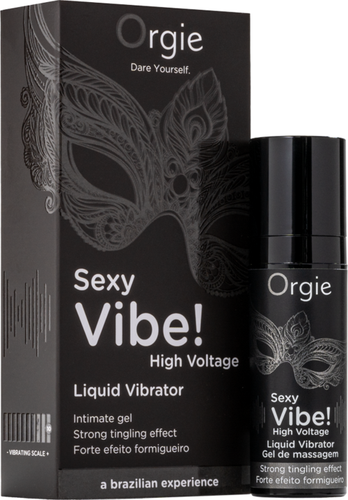 Eine schwarze Schachtel und Flasche mit Maskendesign, Produktname 'Sexy Vibe!', Beschreibung 'High Voltage Liquid Vibrator' und verwandte Details.