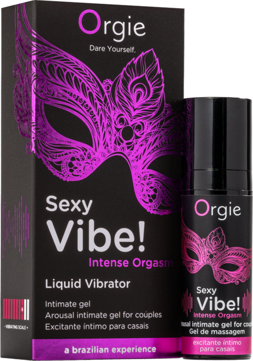 Eine Box und Flasche mit 'Sexy Vibe! Intense Orgasm', violette Maske- und Federn-Design, für Intimgel für Paare.