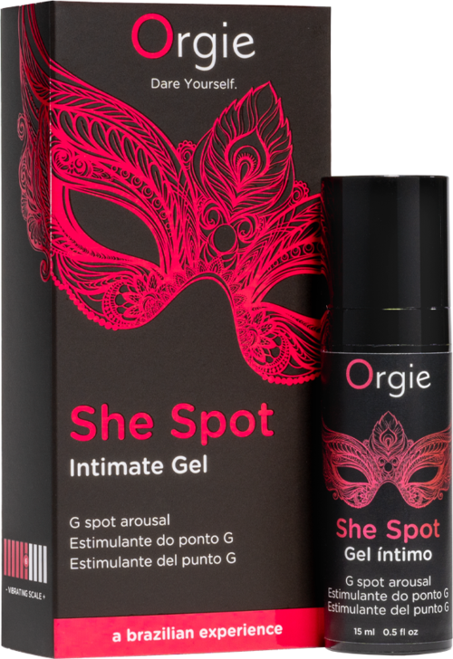 En svart box med rosa och röda mönster, innehållande 'Orgie She Spot' intimgel och maskillustration.
