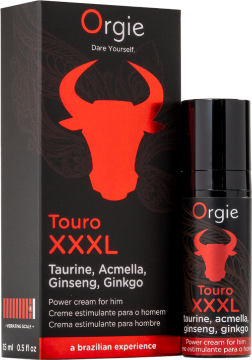 Eine schwarze Schachtel und Flasche mit rotem Büffelkopf-Logo und Text für Männerpflegecreme, brasilianischer Stil, 15 ml.