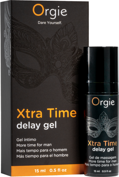 Eine schwarze Verpackung und Flasche von Xtra Time Verhütungsgel für Männer, mit Masken-Design und orangefarbenem Text.