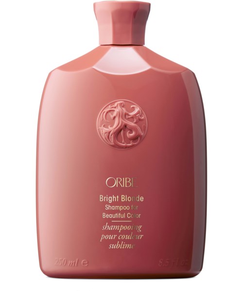 Rosa Flasche mit Oribe Bright Blonde Shampoo, rundem Deckel und elegantem Etikett.
