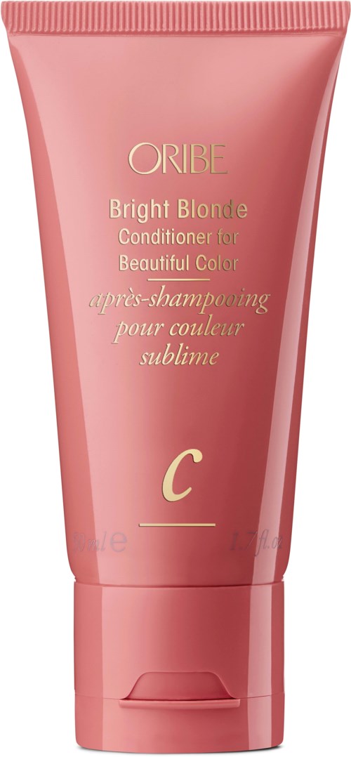 Vaaleanpunainen putki Oribe Bright Blonde hoitoaine, kauniille, kiiltelevälle blonde-harjalle.