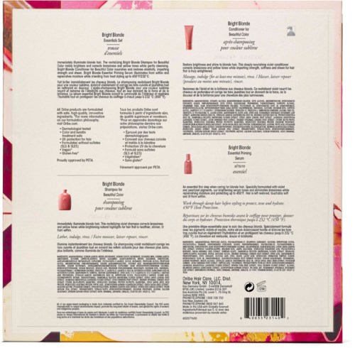 The image shows a page of product labels and descriptions, mainly for hair care items, with some text and images of bottles.