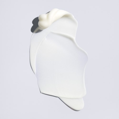 Een witte abstracte sculptuur met gladde krommen en een klein pluizig deel aan de bovenkant.