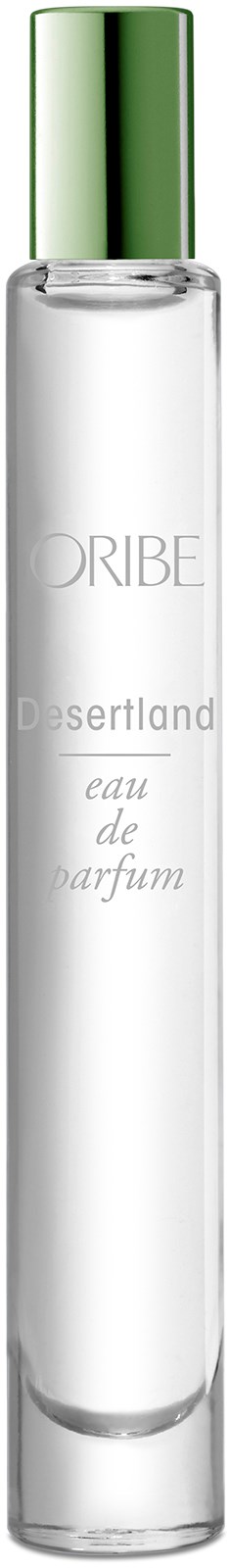 Eine lange, schlanke Parfümflasche mit grünem Deckel und weißem Körper. Sie hat Text und ein minimalistisches Design.