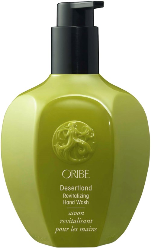 Green hand wash bottle with black pump, labeled 'Desertland' and 'Revitalizing Hand Wash'.