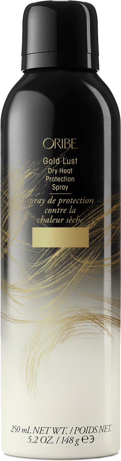 Eine schwarze Sprühflasche mit der Aufschrift Oribe Gold Lust Dry Heat Protection Spray, 250 ml.