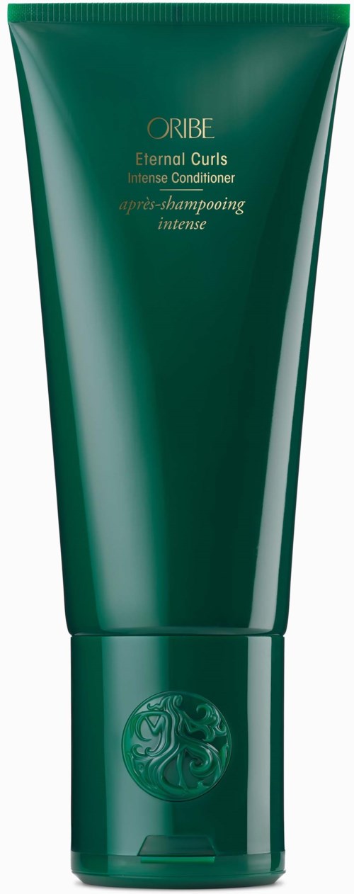 Grön tub med Oribe Eternal Curls balsam med guldtext och logo.