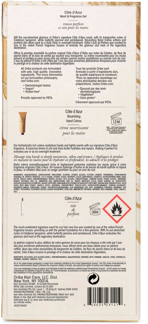 Een verticale productlabel met tekst, waarschuwingssymbolen, een barcode en een decoratieve rand. Het lijkt voor een cosmeticaproduct of huidverzorging.