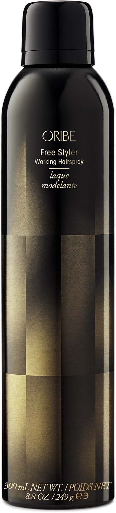 Eine schwarze und goldene Sprühflasche mit dem Namen 'ORIBE' und einem eleganten, runden Deckel.