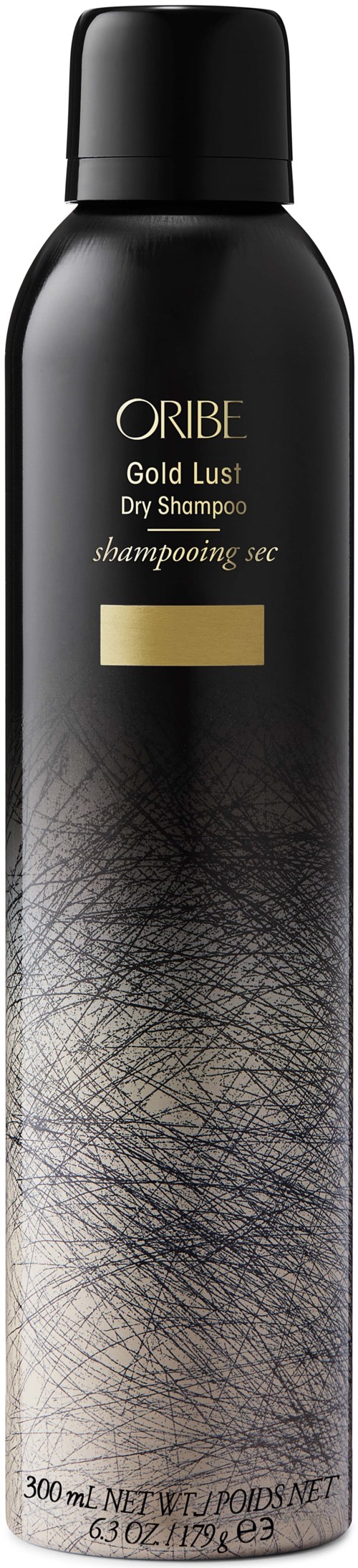 Eine schwarze Flasche mit goldener und weißer Schrift, bezeichnet als Oribe Gold Lust Trockenshampoo, 300 ml.