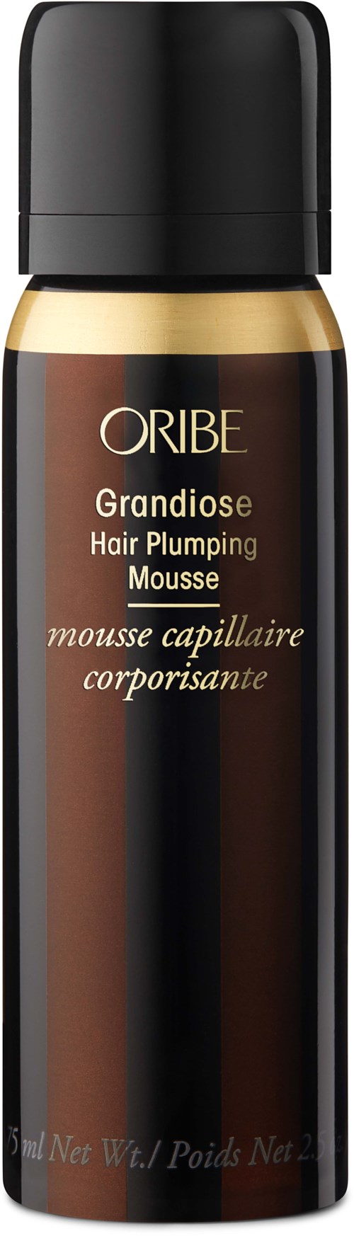 Eine braune und schwarze Sprühdose mit goldenen Akzenten, beschriftet als Oribe Grandiose Hair Plumping Mousse.