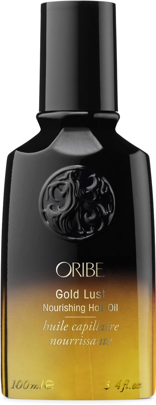 Schwarze und goldene Flasche von Oribe Gold Lust nährendes Haaröl, 100 ml, elegantes Design.
