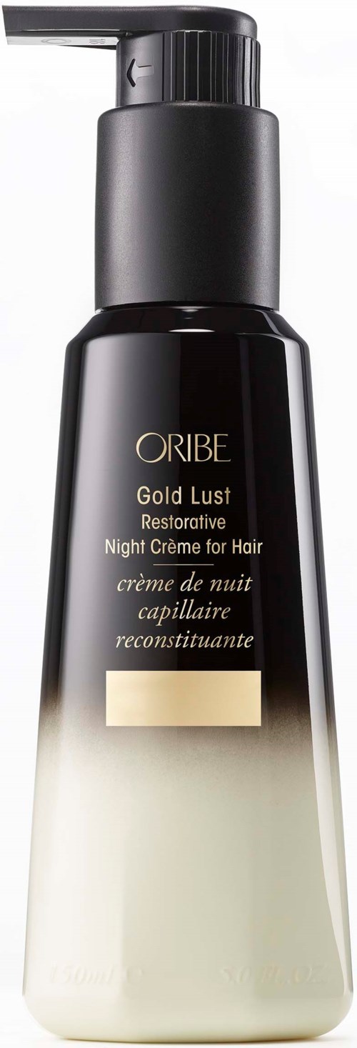 Eine Flasche mit schwarzen Pump, gold- und weißen Etikett, mit Farbverlauf von Weiß zu Schwarz, für Haarpflege.