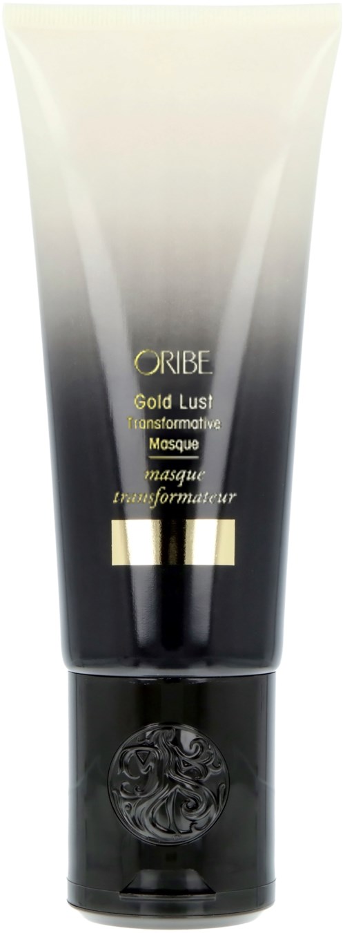 Eine schwarze und goldene Tube mit der Aufschrift 'Oribe Gold Lust Transformative Masque' für Haarbehandlung.
