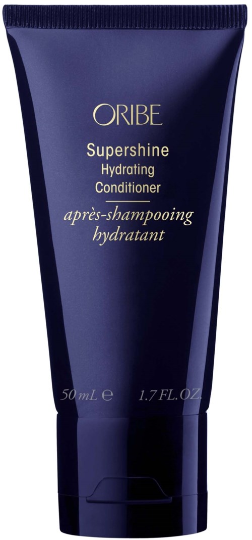 Ein dunkelblauer Tube mit Oribe SuperShine Hydrating Conditioner, 50 ml, für die Haarpflege.