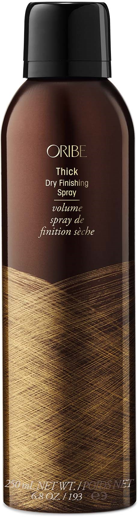 Eine braune Dose mit schwarzem Deckel, beschriftet 'ORIBE Thick Dry Finishing Spray' für Volumen.