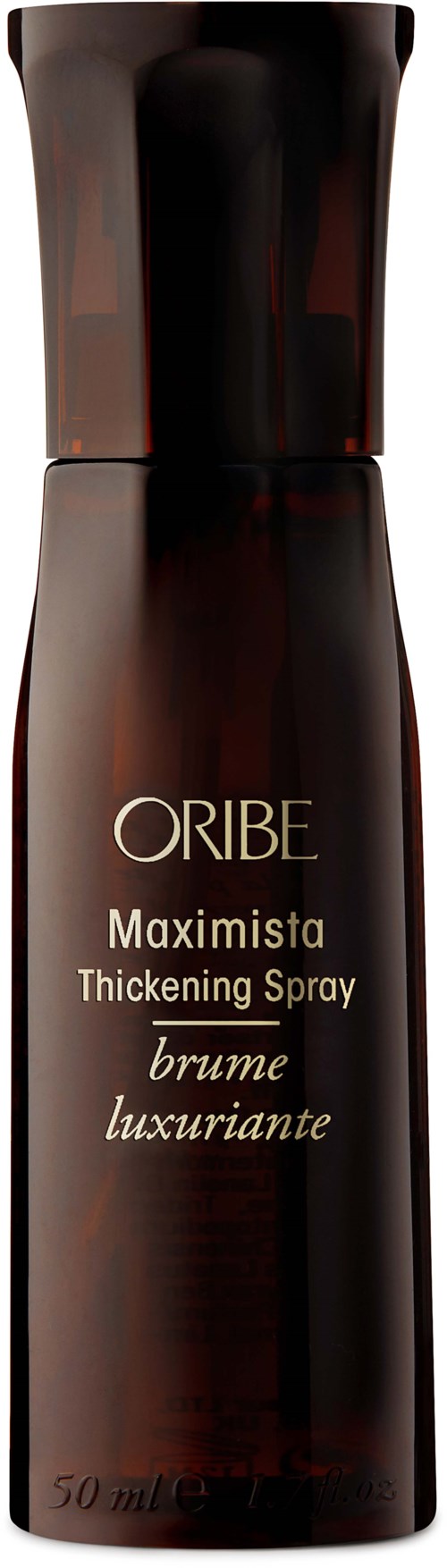 Donkerbruine fles labeled Oribe Maximista Verstevingsspray, 50 ml, met een glanzende zwarte dop.