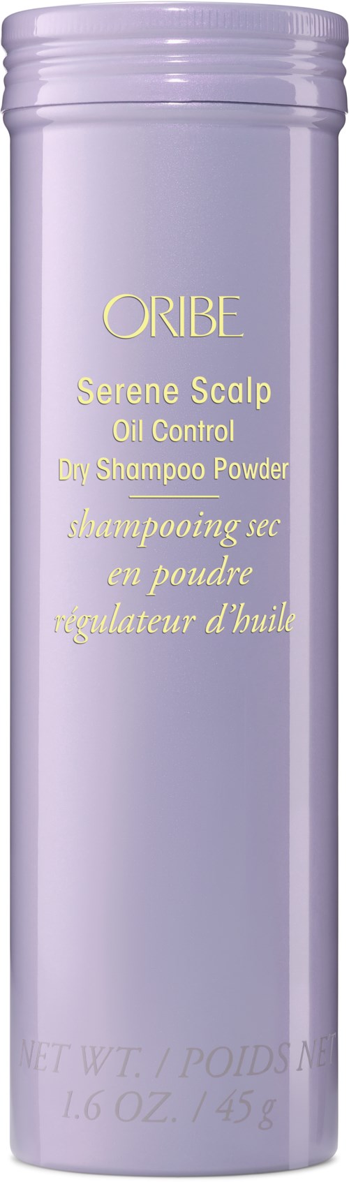 Een lange, lichtpaarse fles met gouden tekst, bevat droogshampoo poeder voor hoofdhuidverzorging.