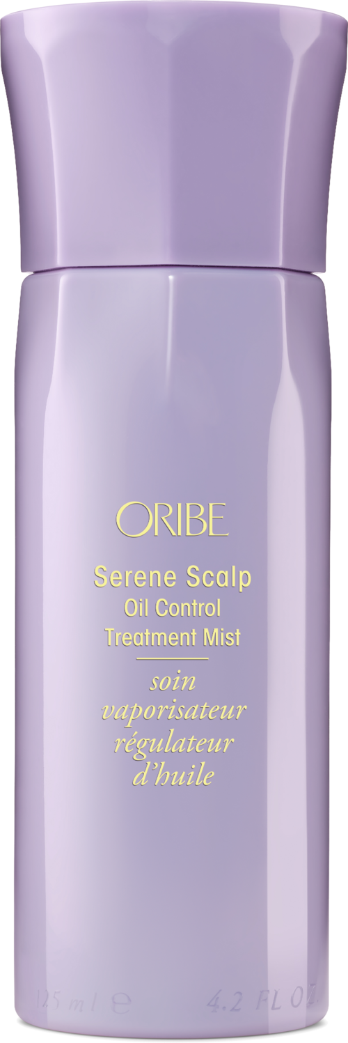 En lilla sprayflaske merket 'Oribe Serene Scalp Oil Control Treatment Mist'.