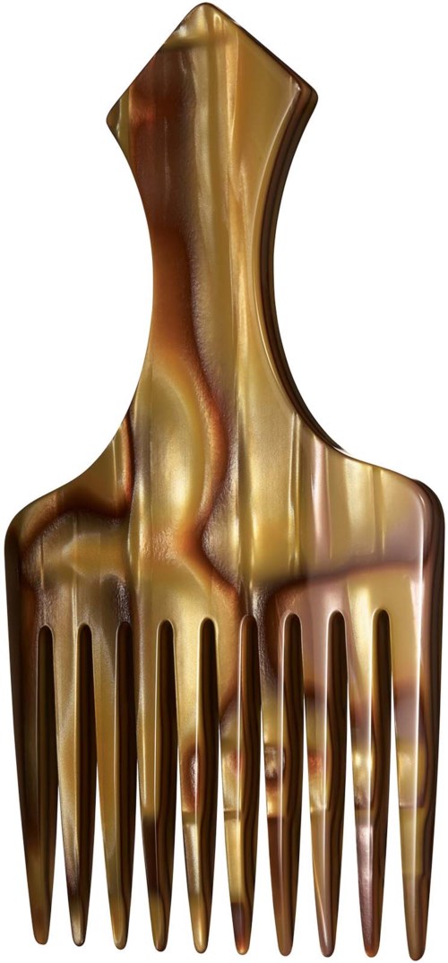 Eine breite dekorative Haarklammer mit Marmor-ähnlichem Muster in Braun und Gold, mit langen, gleichmäßig verteilten Zähnen.