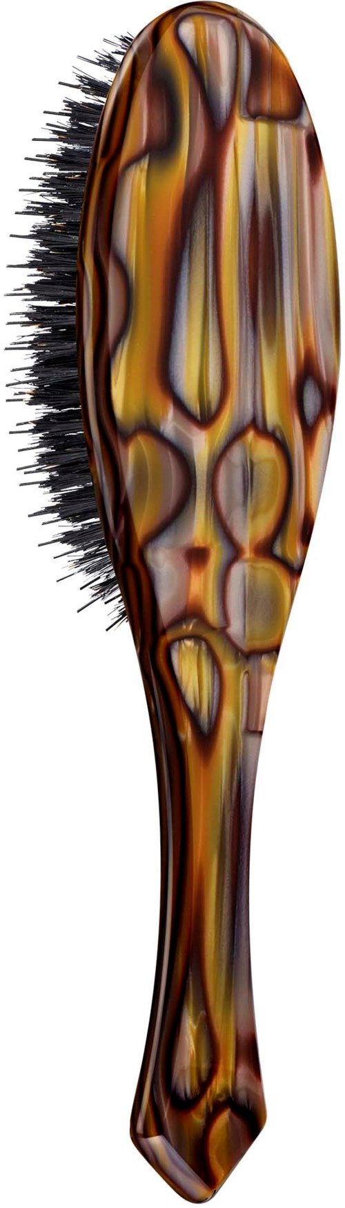 A hairbrush with a colorful, marbled pattern and black bristles. The handle is curved and smooth.