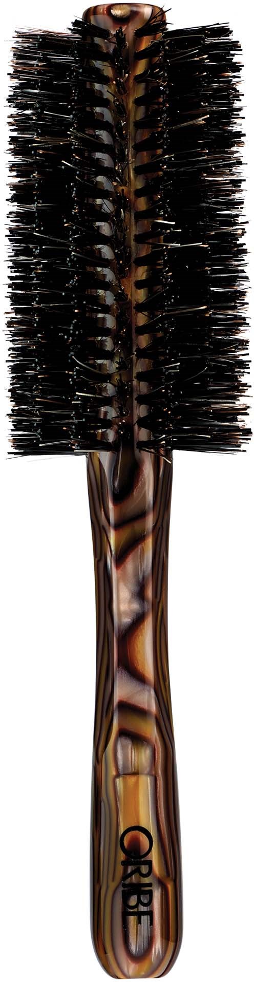 A round hairbrush with a brown, striped handle and black bristles.