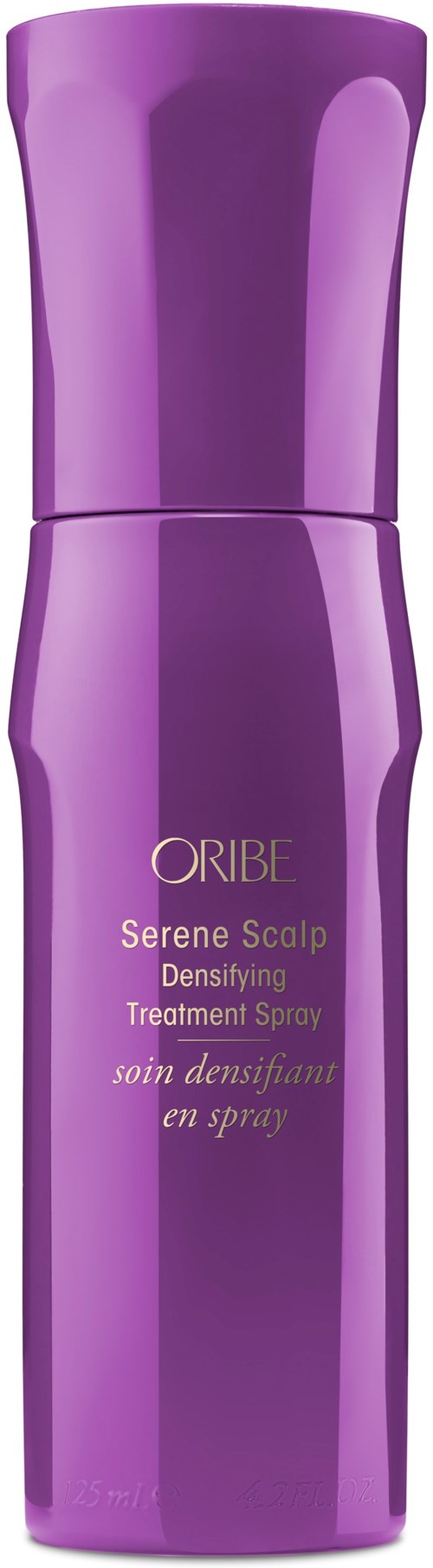 Lange lila Flasche mit Oribe Serene Scalp Densifying Treatment Spray. Mit rundem Oberteil. Enthält Haarpflegeprodukt.