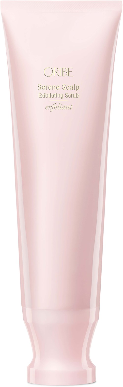 Eine rosa Tube des Oribe Serene Scalp Exfoliating Serum mit goldener Schrift.